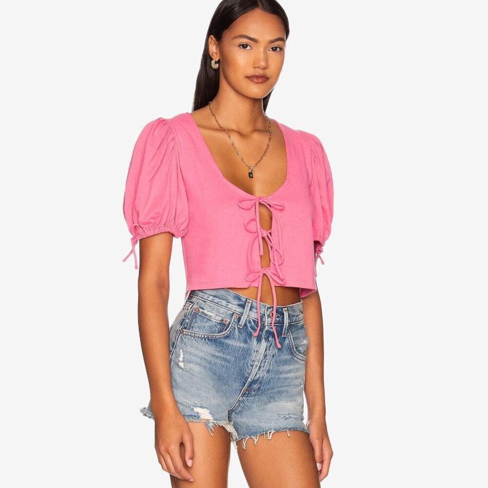 NWT Free People pink puff sleeve tie front Kitty Tee